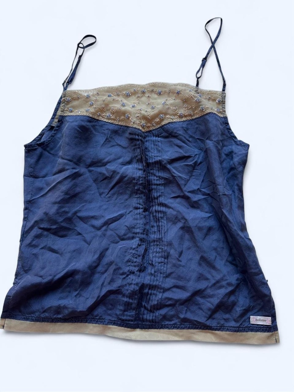 Vintage Hollister Silk Navy Blue Cami Tank with Beige Lace Trim